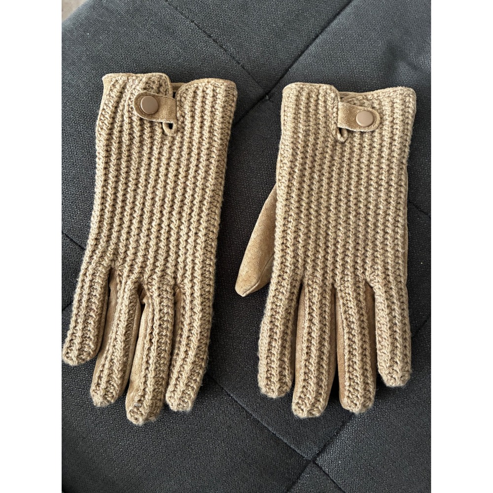 Wilsons Leather Gloves Women Large Tan Suede Knit Mixed Media Camel Warm Winter